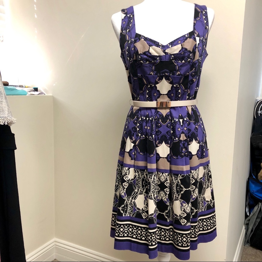 Donna Ricco 8 Purple/Cream/Black/Tan Pleated Dress